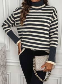 SHEIN Frenchy Striped Turtleneck Drop Shoulder Sweater - Black and White - View 1