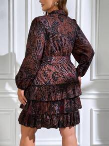 SHEIN Clasi 加大碼荷葉邊燈籠袖分層裙擺裙 - 巧克力棕 - 查看 2