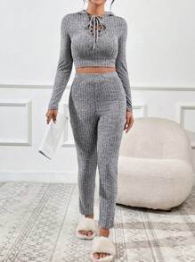 SHEIN Essnce 前繫帶短款連帽T恤和緊身褲 - 灰色 - 查看 6