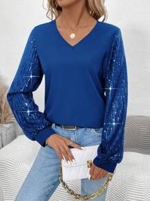 EMERY ROSE 女性運用亮片拼接的v領上衣 - 寶藍色 - 查看 6