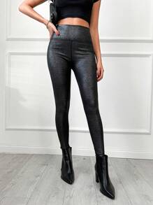 EURMUSE Wideband Waist Glitter Leggings - Black - View 1