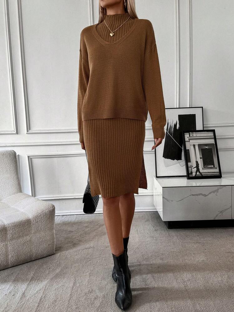 Chiquease 2pcs/set Half Turtle Neck Sweater Dress And V-neck Pullover Sweater - Brown - View 5