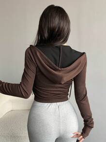 DAZY Camiseta con capucha de manga larga con bloqueo de color y cremallera para mujer - Café integral - Ver 5