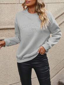 SHEIN Essnce Thêu Chữ Thả vai Áo nỉ - Xám - Xem 3