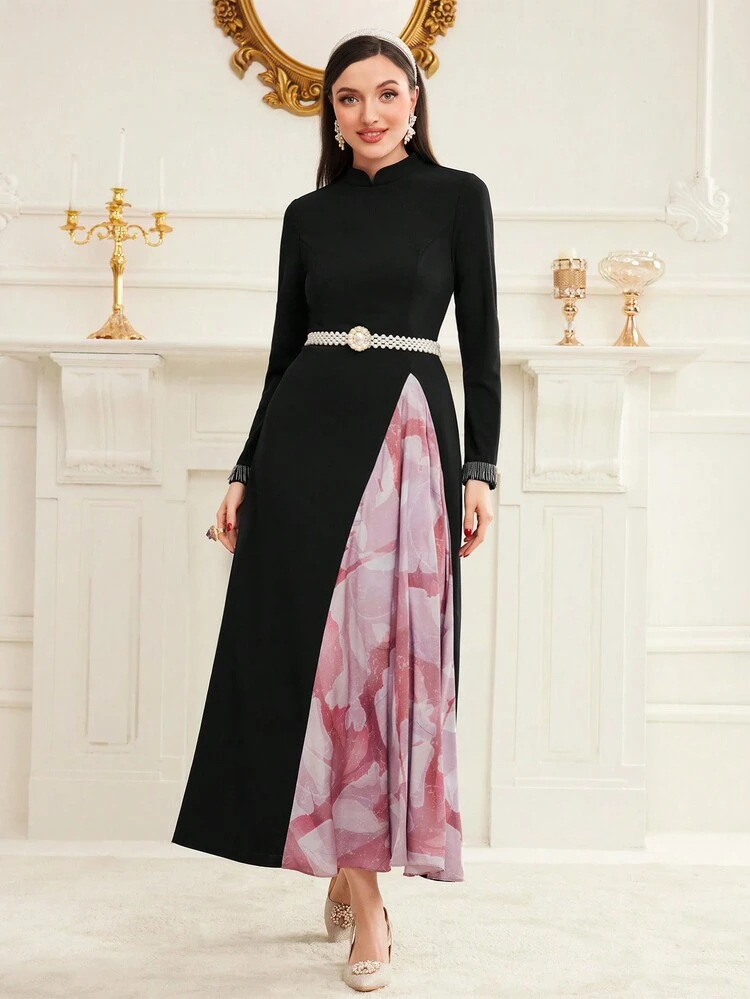 Women's Color Block Floral Print Patchwork Fringe Sleeve Hem Dress