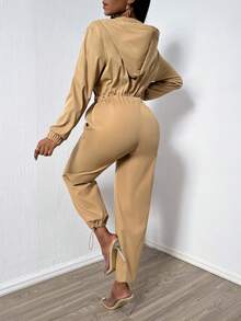 SHEIN Slayr Eo đàn hồi Dây kéo áo có mũ Áo liền quần - Màu Khaki - Xem 2