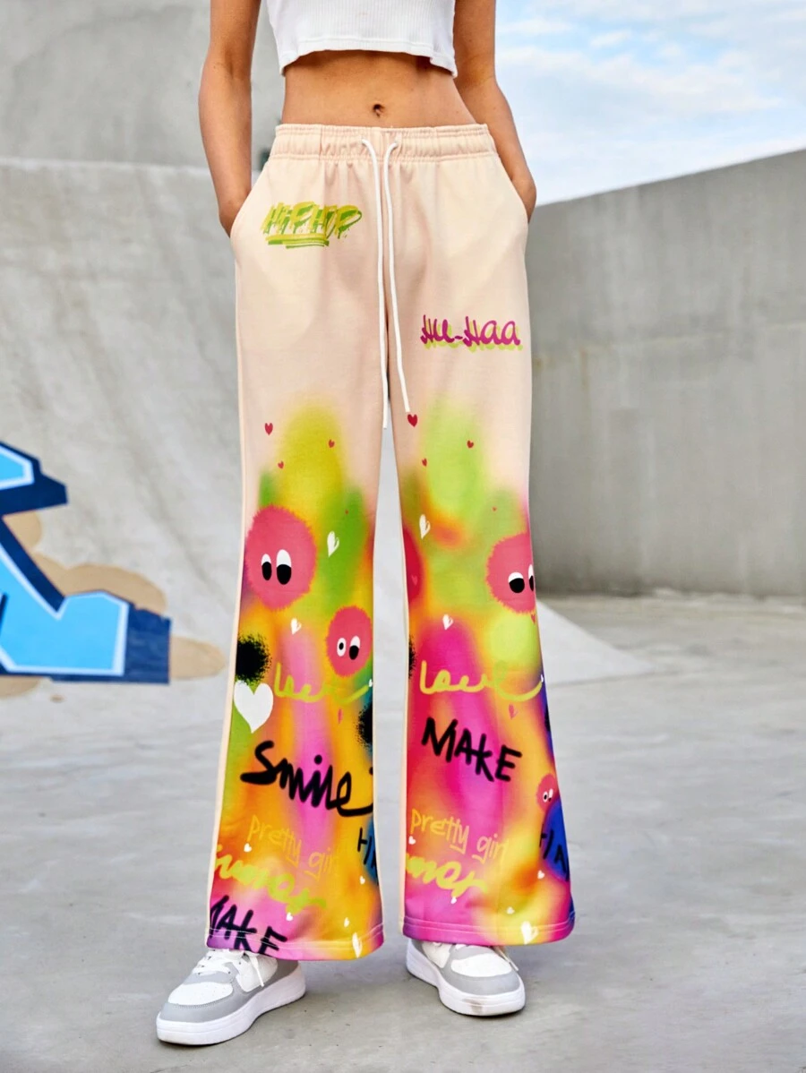 Gameset SHEIN Sport 卡通图案运动裤 喇叭裤 狂欢裤 长裤 Y2kflare 裤 女童喇叭裤 运动裤 图案裤 - 彩色 - 查看 1