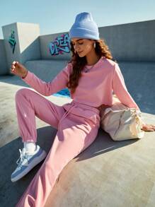 SHEIN Sports Quý cô Nguyên chất Màu sắc Hoodie Và Quần thể thao Set bộ đồ thể thao - Hồng - Xem 10