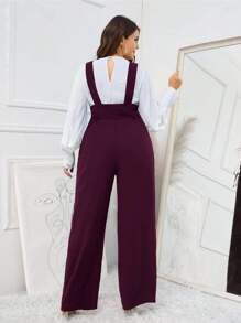Calvaya Plus Button Front Wide Leg Belted Pinafore Jumpsuit Without Top - Burgundy - View 2