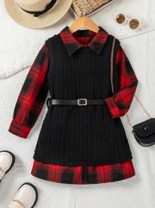 SHEIN Nhỏ bé Cô gái Cổ điển Kẻ sọc Đầm Với Đan Dệt hoa Áo vest , Đơn giản Và Đúng mốt - Đỏ - Xem 1