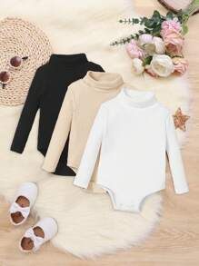 SHEIN Baby Girls' Leisure Comfort Knitted Solid Color Bodysuit 3pcs/Set - Multicolor - View 1