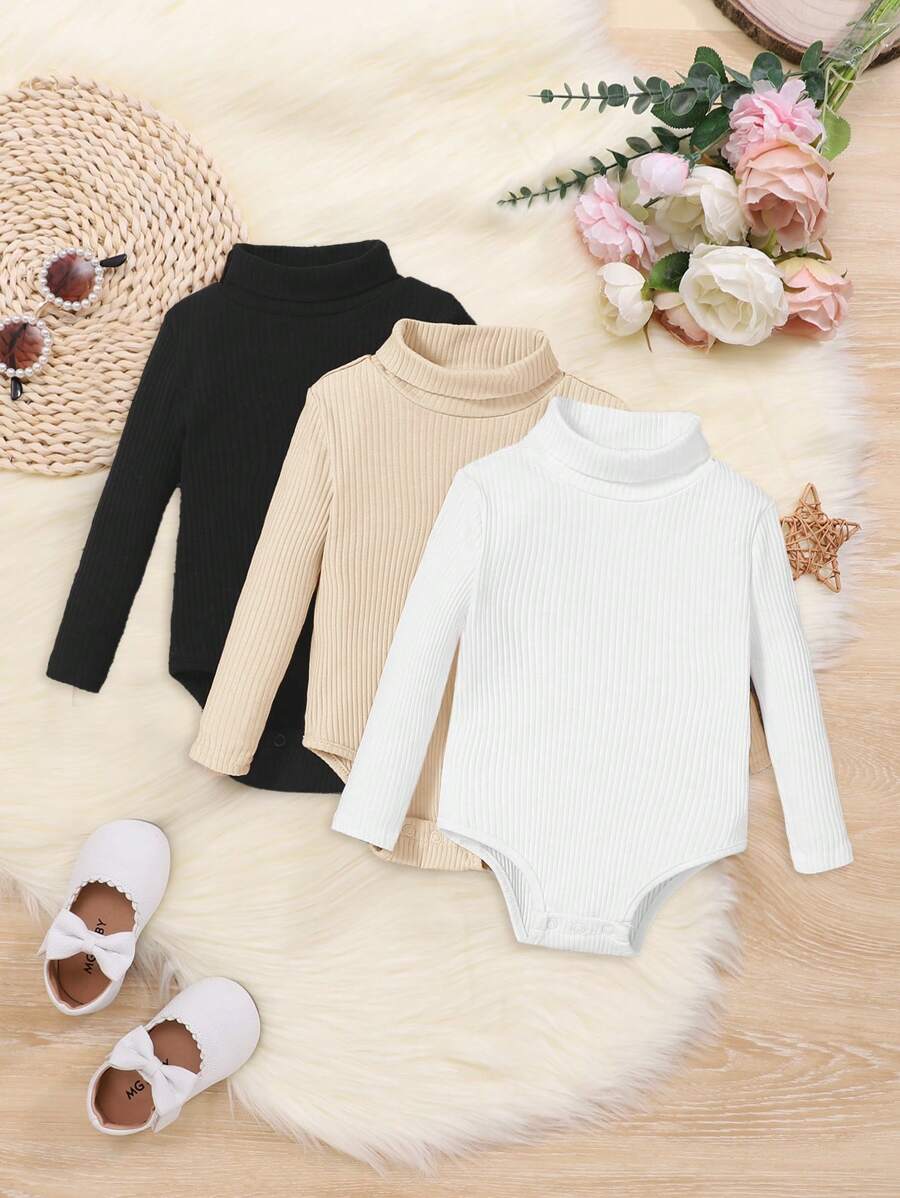 SHEIN Baby Girls' Leisure Comfort Knitted Solid Color Bodysuit 3pcs/Set - Multicolor - View 1