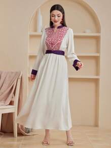 Al Najma Notched Collar Geometric Print Dress Fall Cloth For Women - Apricot - View 3