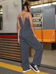 Y2K Street Elastic V-Neck Button Decor Ruched Flap Pocket Straight Leg Criss Cross Back Cami Cargo Jumpsuit - Grey - View 2