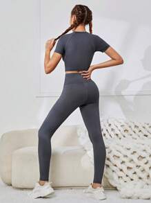 SHEIN Teenage Girls' Solid Color Tank Top, T-Shirt, Shorts, And Pants Sports Suit - Dark Grey - View 2