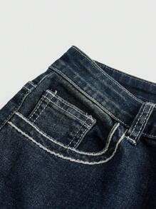 ROMWE Goth Vintage Style Back-pocket Color-contrasting Embroidered Flared Jeans - Dark Wash - View 4