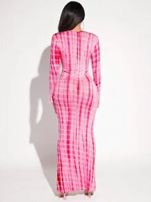 SHEIN SXY Tie Dye Deep V-neck Long Sleeve Dress With A Tight-fitting Bottom - Pink - View 8