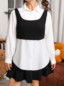 SHEIN EZwear Blusa de manga larga para mujeres de talla grande con paneles de contraste con bloques de color - Blanco y Negro - Ver 3