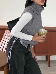 DAZY 純色高領毛衣背心 - 灰色 - 查看 3