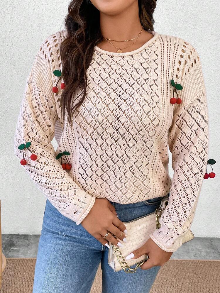 Women's Plus-Size 3d Cherry Decor Drop Shoulder Baby Pattern Knit Sweater Knit Pullover Fall Winter