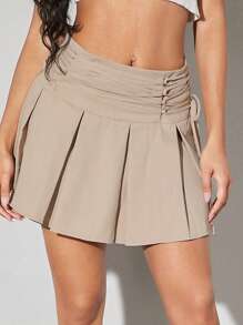 SHEIN BAE Của phụ nữ Chân Váy xếp ly Với Sự tréo nhau Buộc Chi tiết at Eo - Lạc đà - Xem 3