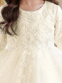 SHEIN Glamorique Kids 女童大童可溶性花邊紗裙長袖連衣裙