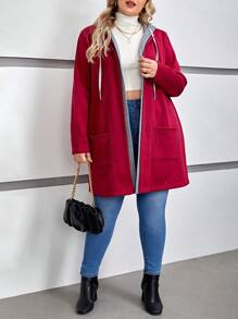 SHEIN LUNE Áo khoác trùm đầu có dây rút thời trang thu đông cho nữ cỡ lớn - Đỏ - Xem 6