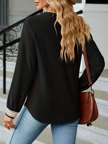 Women's Plus Lace V-Neck Long Sleeve T-shirt - Black - View 2