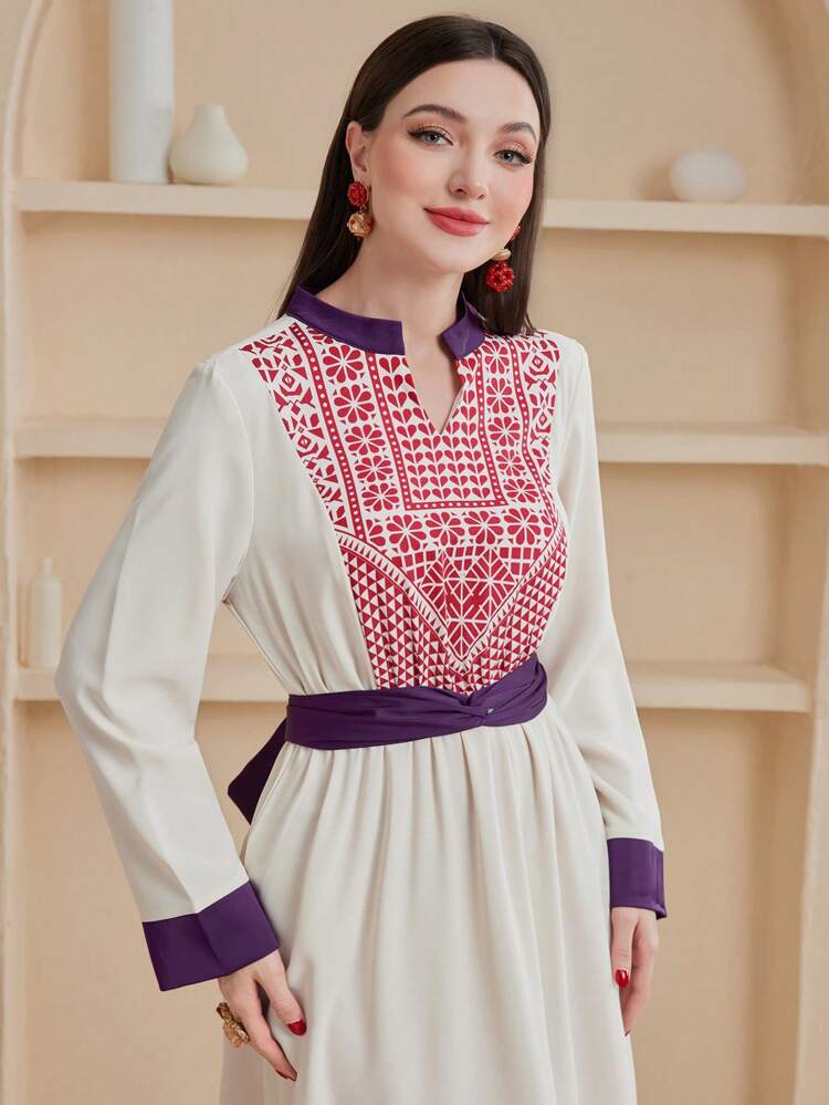 Notched Collar Geometric Print Dress Fall Cloth For Women