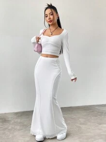 SHEIN EZwear 白色高腰魚尾裙擺 - 白色 - 查看 6