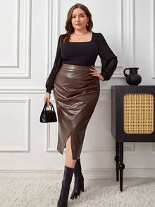 SHEIN Privé 大尺碼優雅pu皮裙 - 棕色 - 查看 6