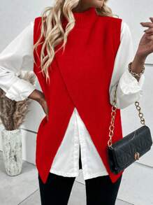 SHEIN Essnce Women's Half-high Collar Split Hem Knitted Sweater Vest - Red - View 3