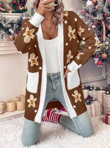 SHEIN LUNE Casual Women's Gingerbread Man Pattern Cardigan Sweater - Coffee Brown - View 1
