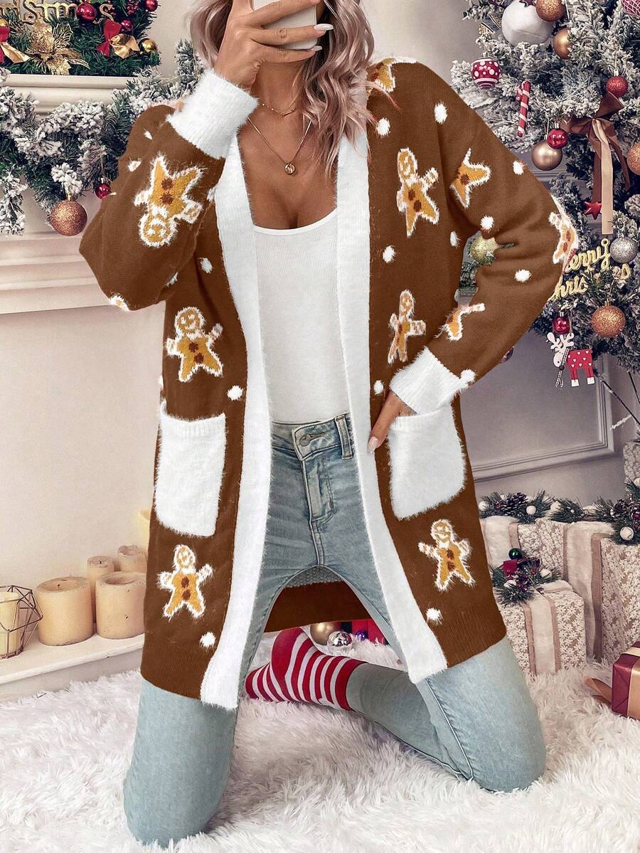 SHEIN LUNE Casual Women's Gingerbread Man Pattern Cardigan Sweater - Coffee Brown - View 1