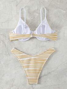 SHEIN Swim 女士条纹纹理面料比基尼套装夏季海滩 - 彩色 - 查看 4