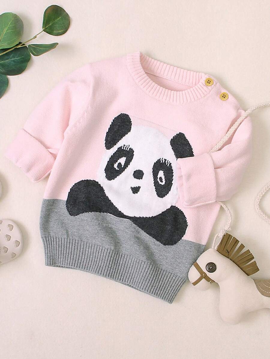 SHEIN Young Girls Cartoon Panda Pattern Sweater - Pink - View 1