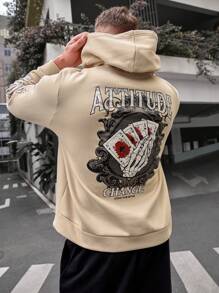 GENTILAND Knit Leisure Hoodie For Plus Size Men, Featuring Playing Card Print On The Back - Khaki - View 6