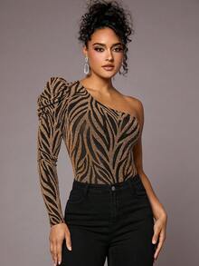 SHEIN BAE 女一肩羊袖斑馬條紋連身衣 - 金色 - 查看 6