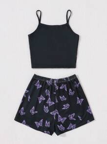 SHEIN Tiener Meisjes brei Vlinder Gevormd Tank tops En Short set Voor Casual Huiskleding