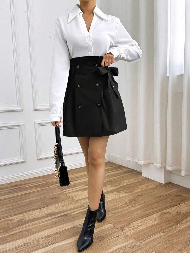 High Waist A-Line Skirt With Double Breasted Buttons And Tied Waist Belt