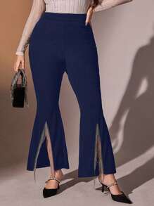 Modelyn Kích thước lớn Quần loe Với Sọc Cạnh Và Viền chia cắt - Màu xanh hải quân - Xem 5