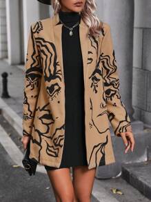 SHEIN Clasi Line Print Fitted Cut Woolen Fabric - Khaki - View 3