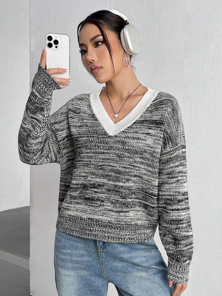 Women's V Neck Mixed Knitted Casual Sweater Fall Winter