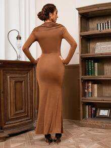 長袖性感扭結百褶飄帶裹臀魚尾連身裙