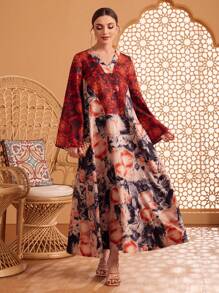Al Najma Floral Print V-Neck Long Sleeve Dress