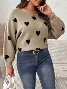 SHEIN Franclia 大尺碼女裝心形圖案蝙蝠袖毛衣 - 杏色 - 查看 5