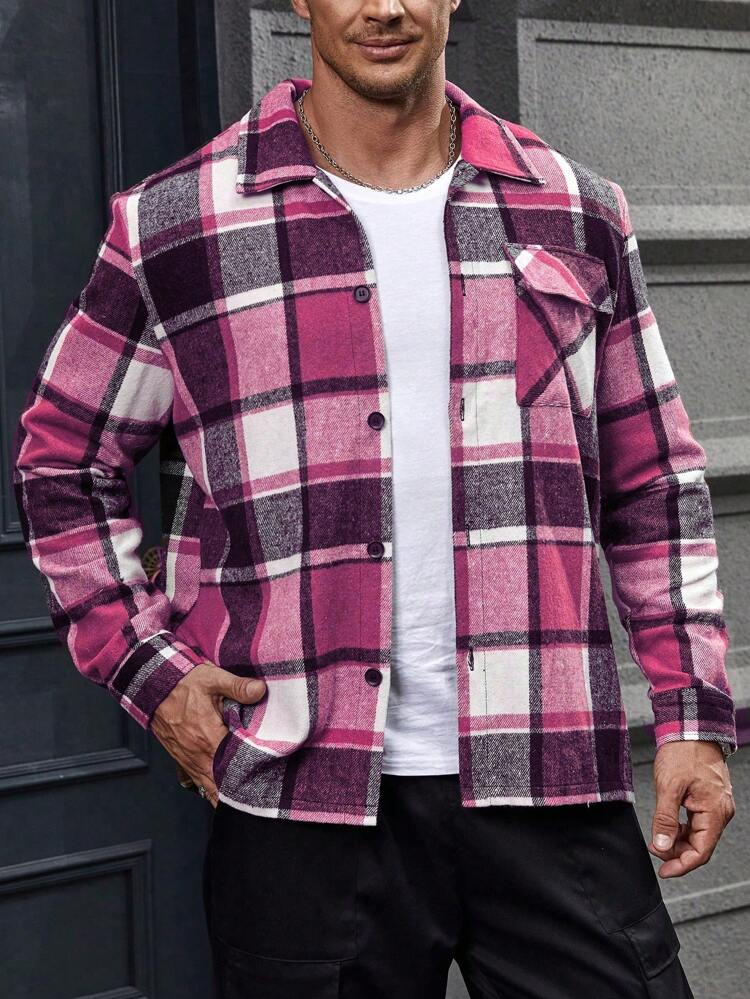 Men's Plus Size Checked Patch Pocket Button Front Jacket