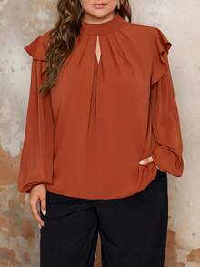 SHEIN Franclia Kích thước lớn Màu thuần Viền Ruffle Áo sơ mi - trái cam - Xem 3