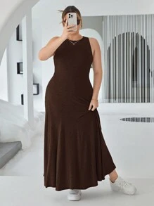 SHEIN Essnce 大尺寸女士棕色露肩圓領連衣裙 - 咖啡棕 - 查看 3