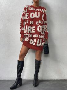 SHEIN Essnce Women's Casual Round Neck Sweater Dress With Letter Print - Multicolor - View 1